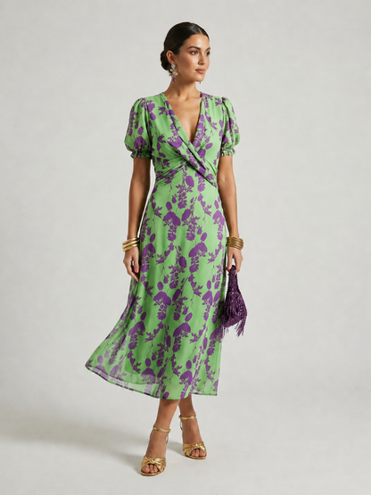 Relaxed floral midi dress with short sleeves, front view