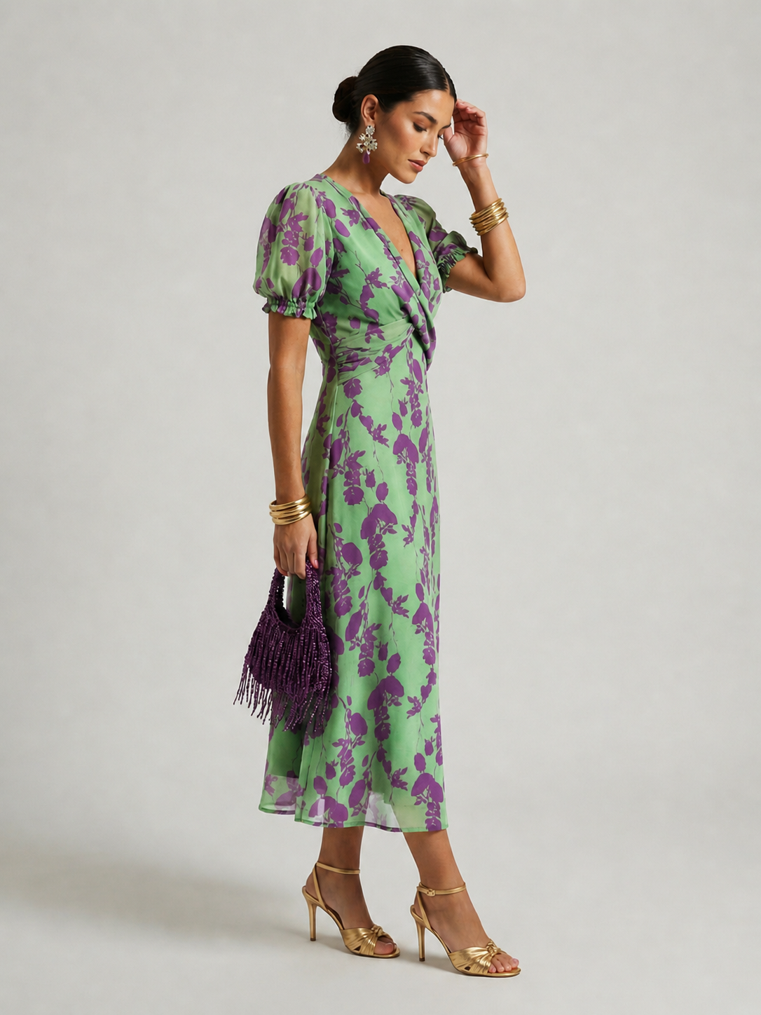 Floral midi dress showing relaxed print detail