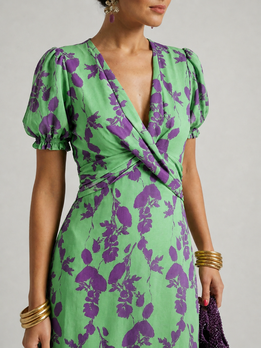 Relaxed floral midi wedding guest dress, side view