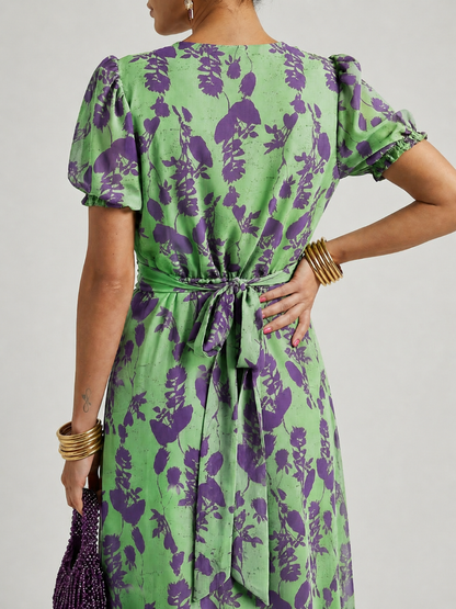 Floral midi dress with V-neckline, back view