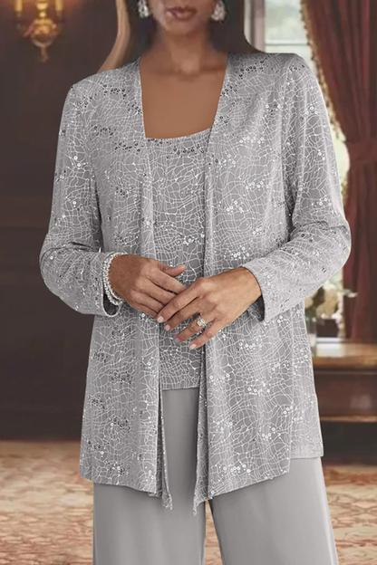 Sequin jacket over camisole and wide-leg trousers