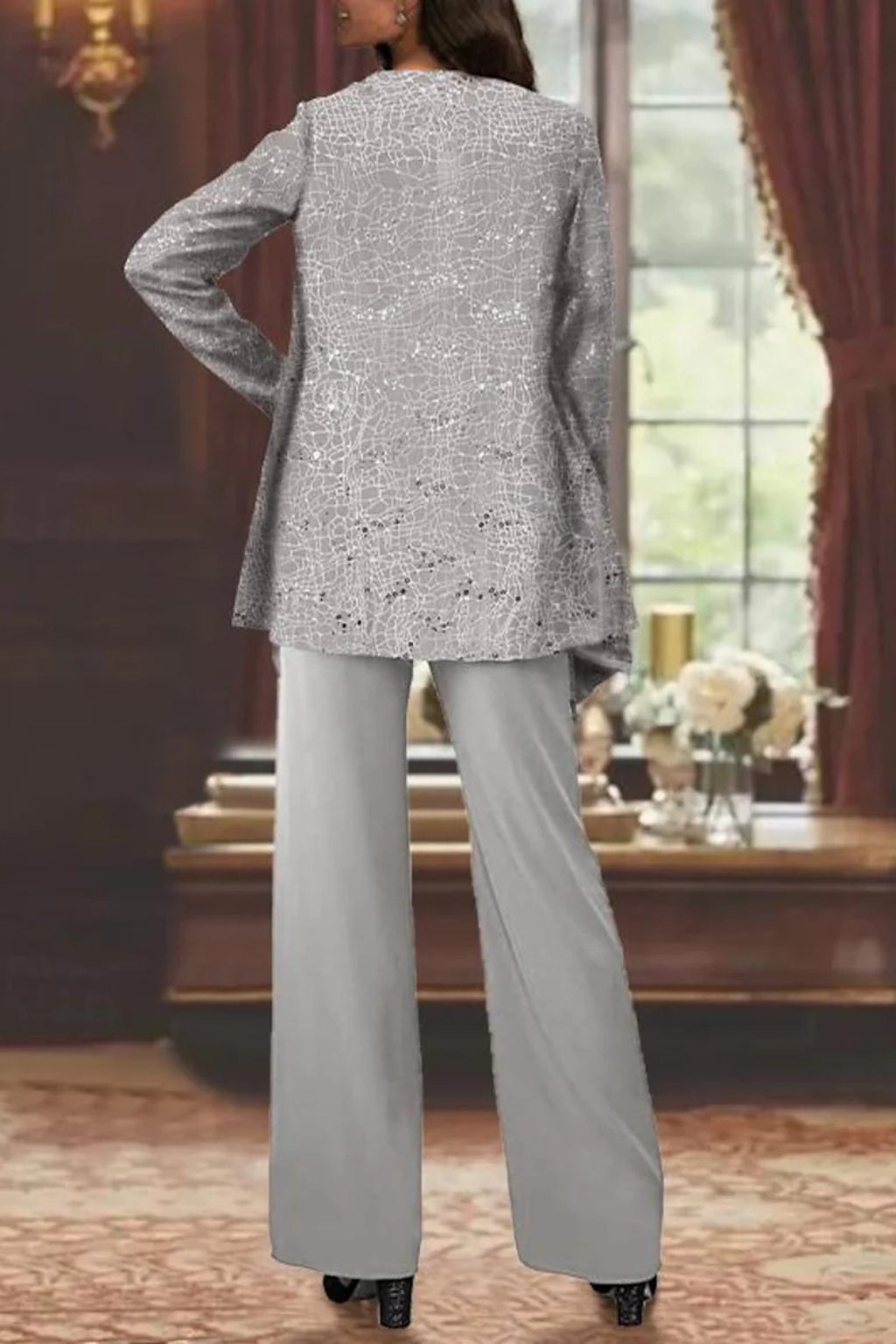 Three-piece sequin set showing jacket detail