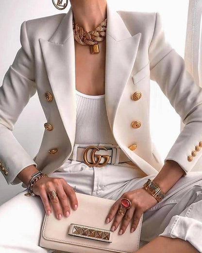 Double-breasted gold button blazer, detail view