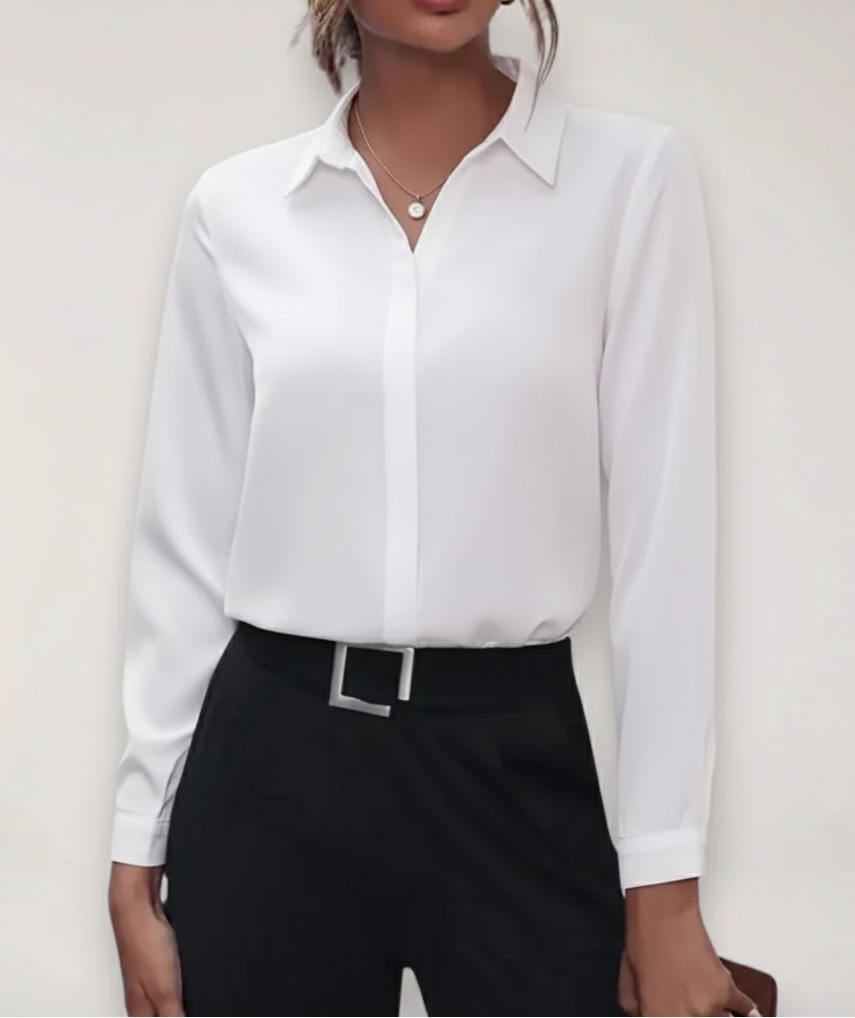 Collared button-front top in white, front view