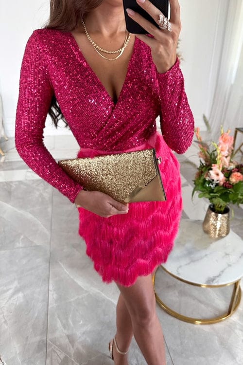 Long sleeve sequin fringe cocktail mini dress, close-up of the fabric