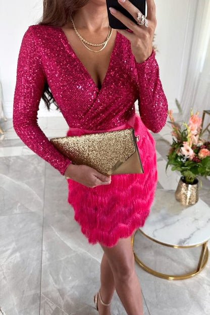 Long sleeve sequin fringe cocktail mini dress, close-up of the fabric