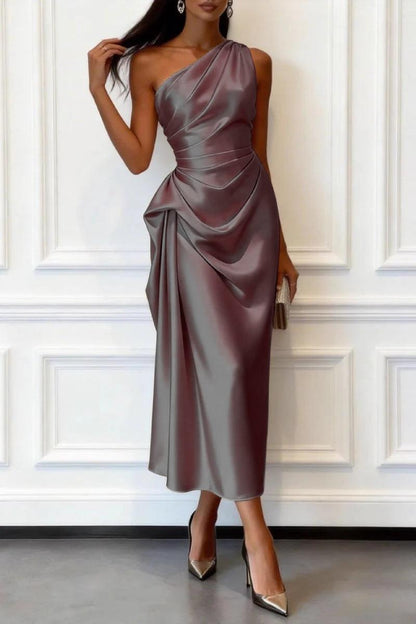 One-shoulder satin wedding guest midi dress in purple dusk