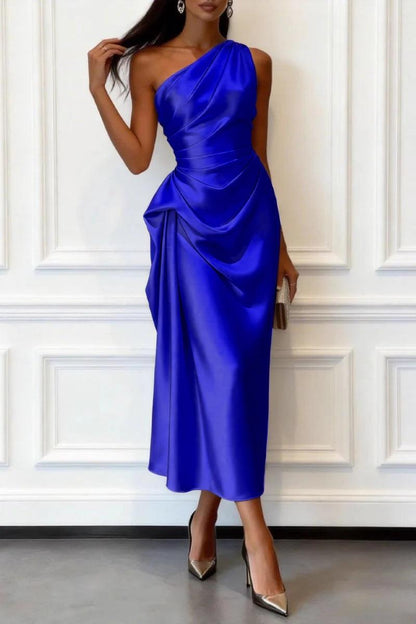 One-shoulder satin wedding guest midi dress in royal blue