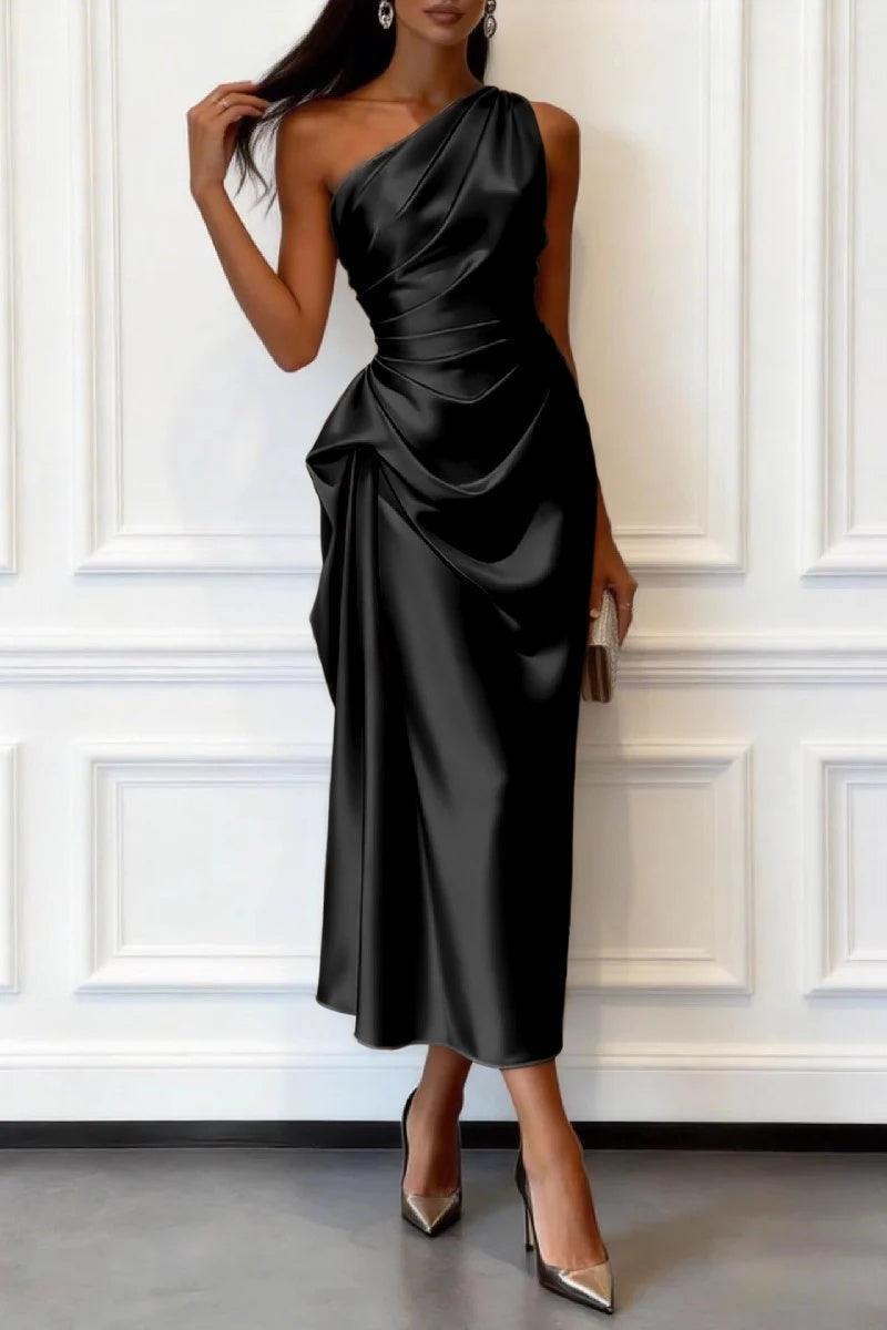 One-shoulder satin wedding guest midi dress in black