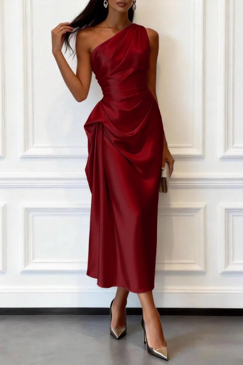 One-shoulder satin wedding guest midi dress in burgundy