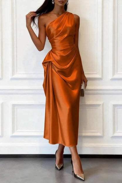 One-shoulder satin wedding guest midi dress in burnt orange