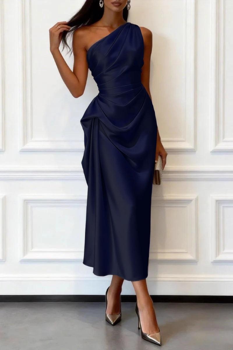 One-shoulder satin wedding guest midi dress in dark navy