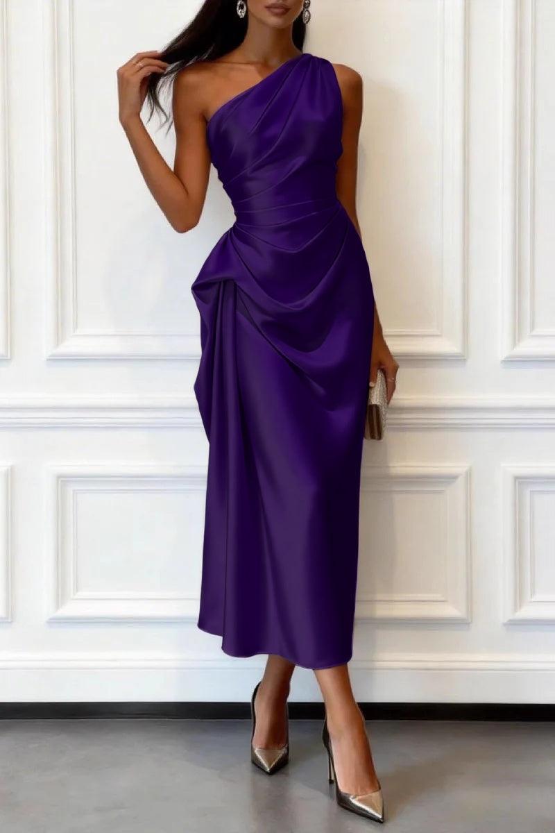 One-shoulder satin wedding guest midi dress in dark purple