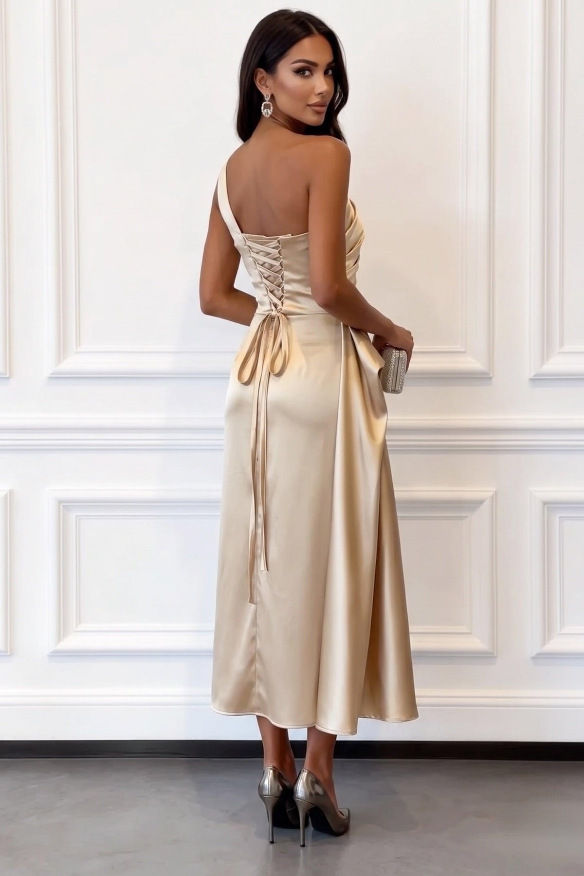 One-shoulder satin wedding guest midi dress, back view