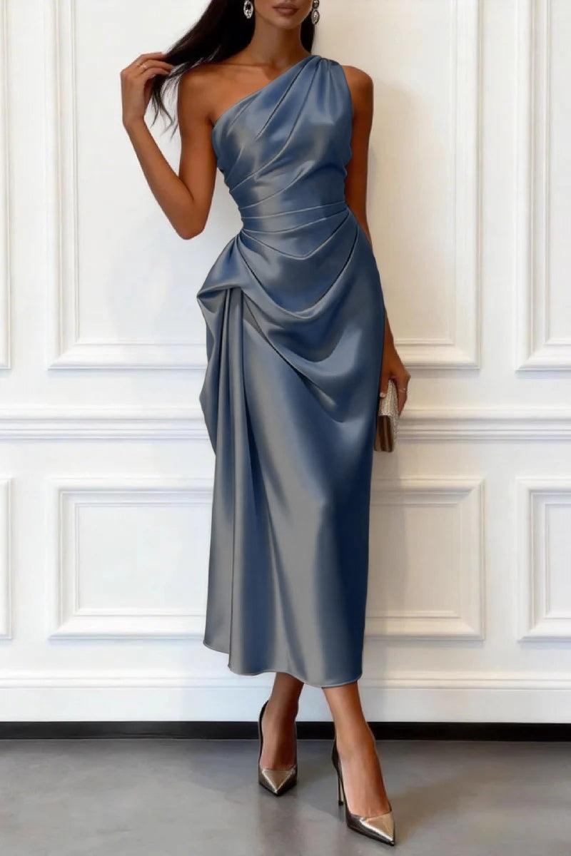 One-shoulder satin wedding guest midi dress in dusty blue