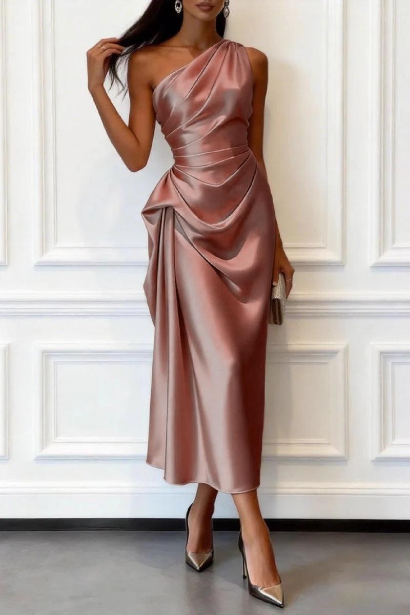 One-shoulder satin wedding guest midi dress in dusty rose