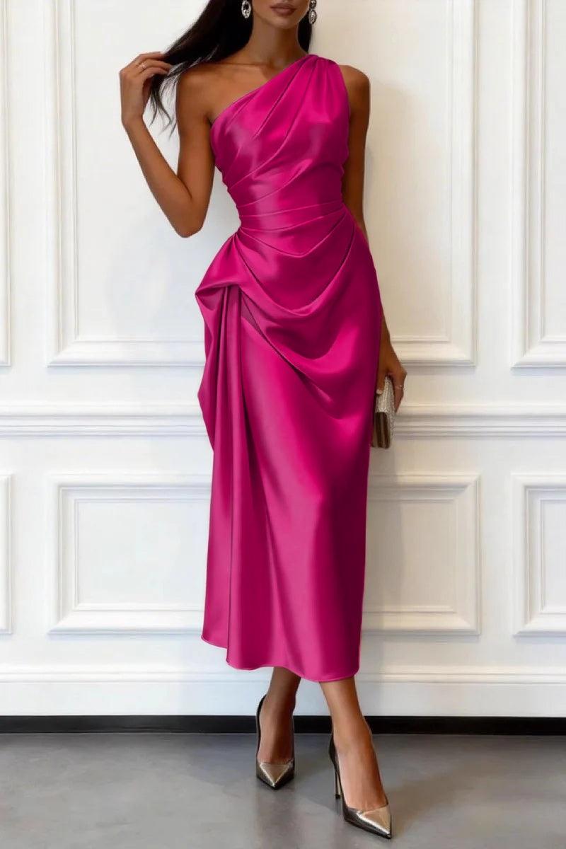 One-shoulder satin wedding guest midi dress in hot pink