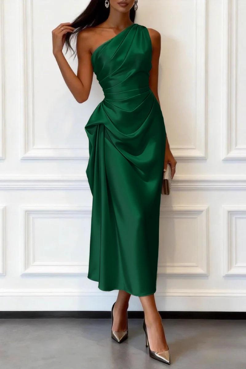 One-shoulder satin wedding guest midi dress in hunter green