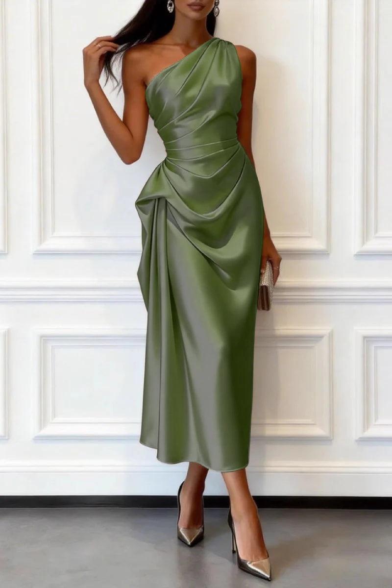 One-shoulder satin wedding guest midi dress in olive green