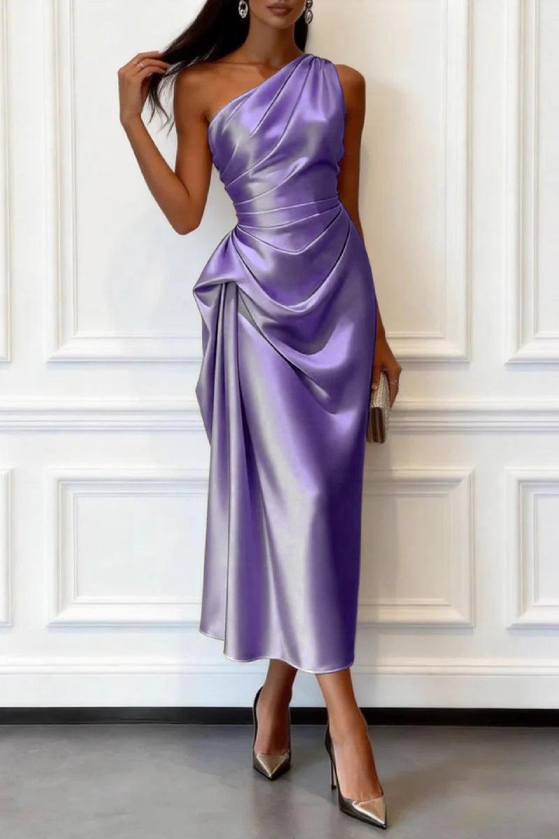 One-shoulder satin wedding guest midi dress in pastel lilac