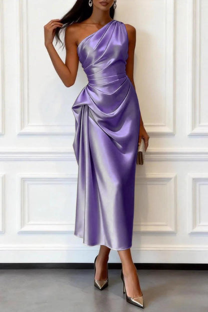 One-shoulder satin wedding guest midi dress in pastel lilac