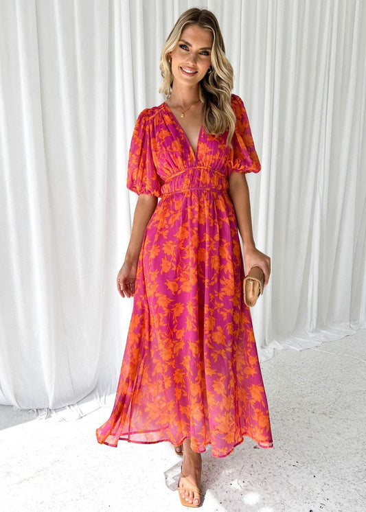 Adèle | Floral V-Neck Maxi Wedding Guest Dress