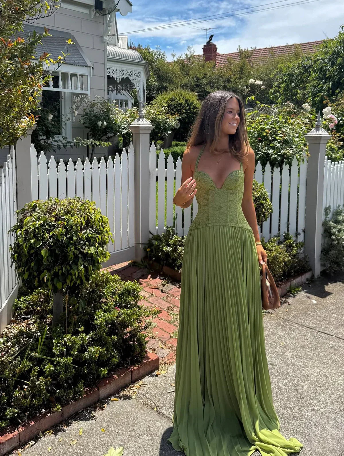 Catherine | Halter Pleated Corset Maxi Wedding Guest Dress