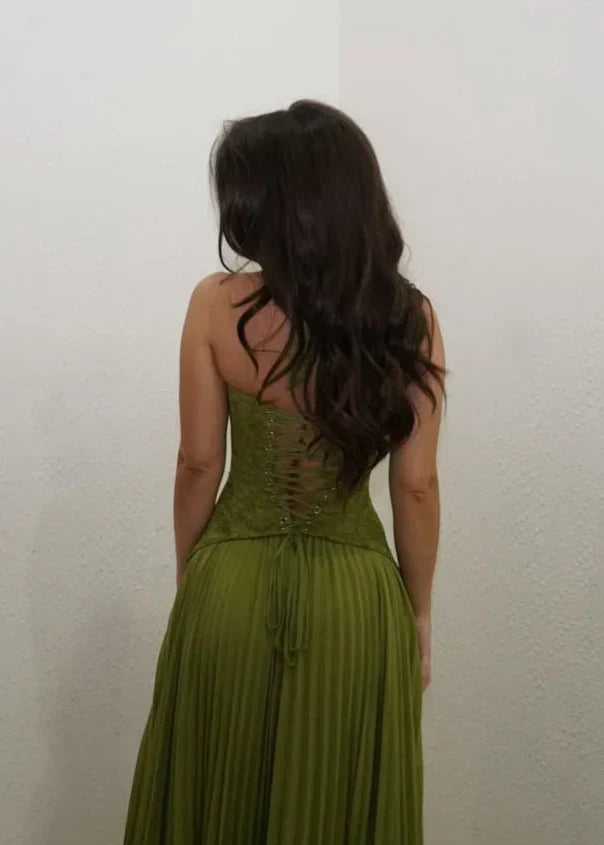 Catherine | Halter Pleated Corset Maxi Wedding Guest Dress