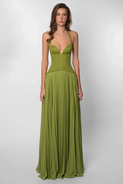 Catherine | Halter Pleated Corset Maxi Wedding Guest Dress
