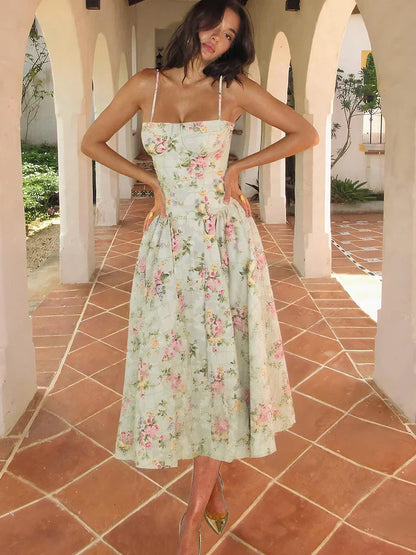 Violette | Floral Corset Sleeveless Midi Wedding Guest Dress