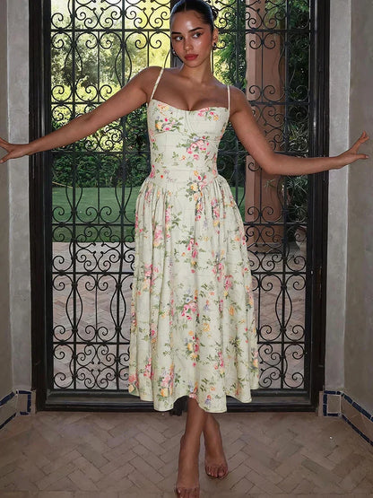 Violette | Floral Corset Sleeveless Midi Wedding Guest Dress