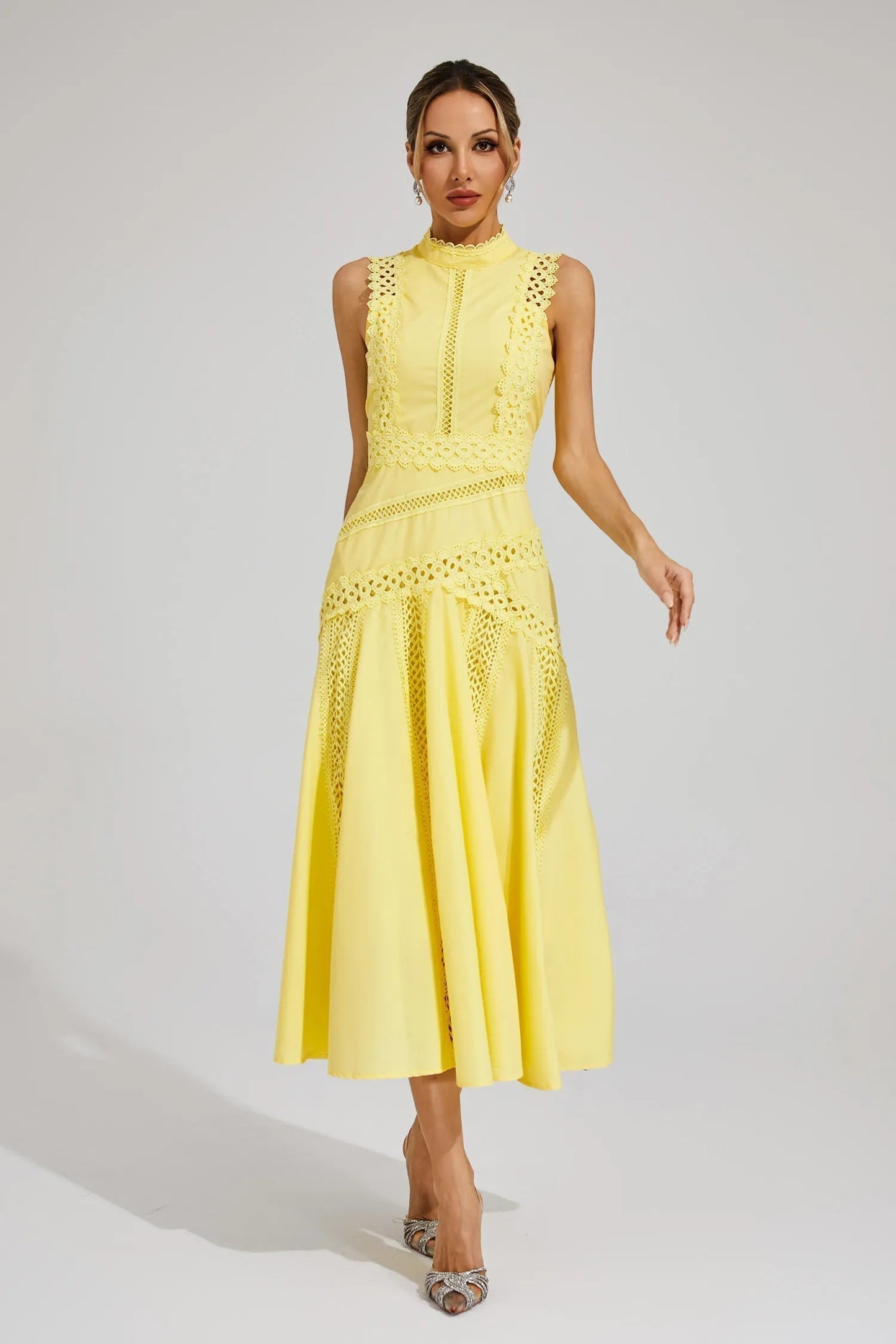 Cécile | Sleeveless Lace Panel Midi Wedding Guest Dress