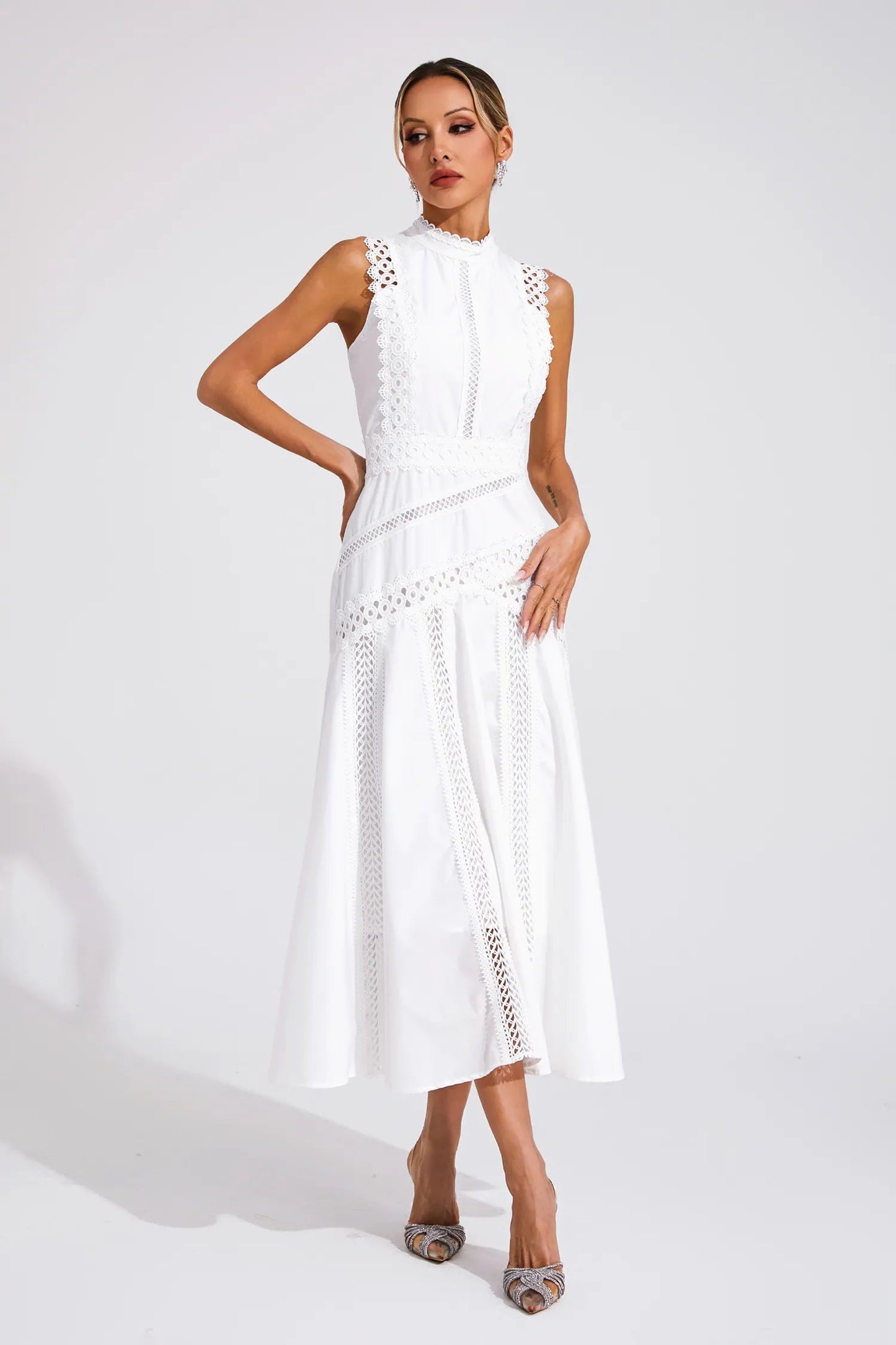 Cécile | Sleeveless Lace Panel Midi Wedding Guest Dress