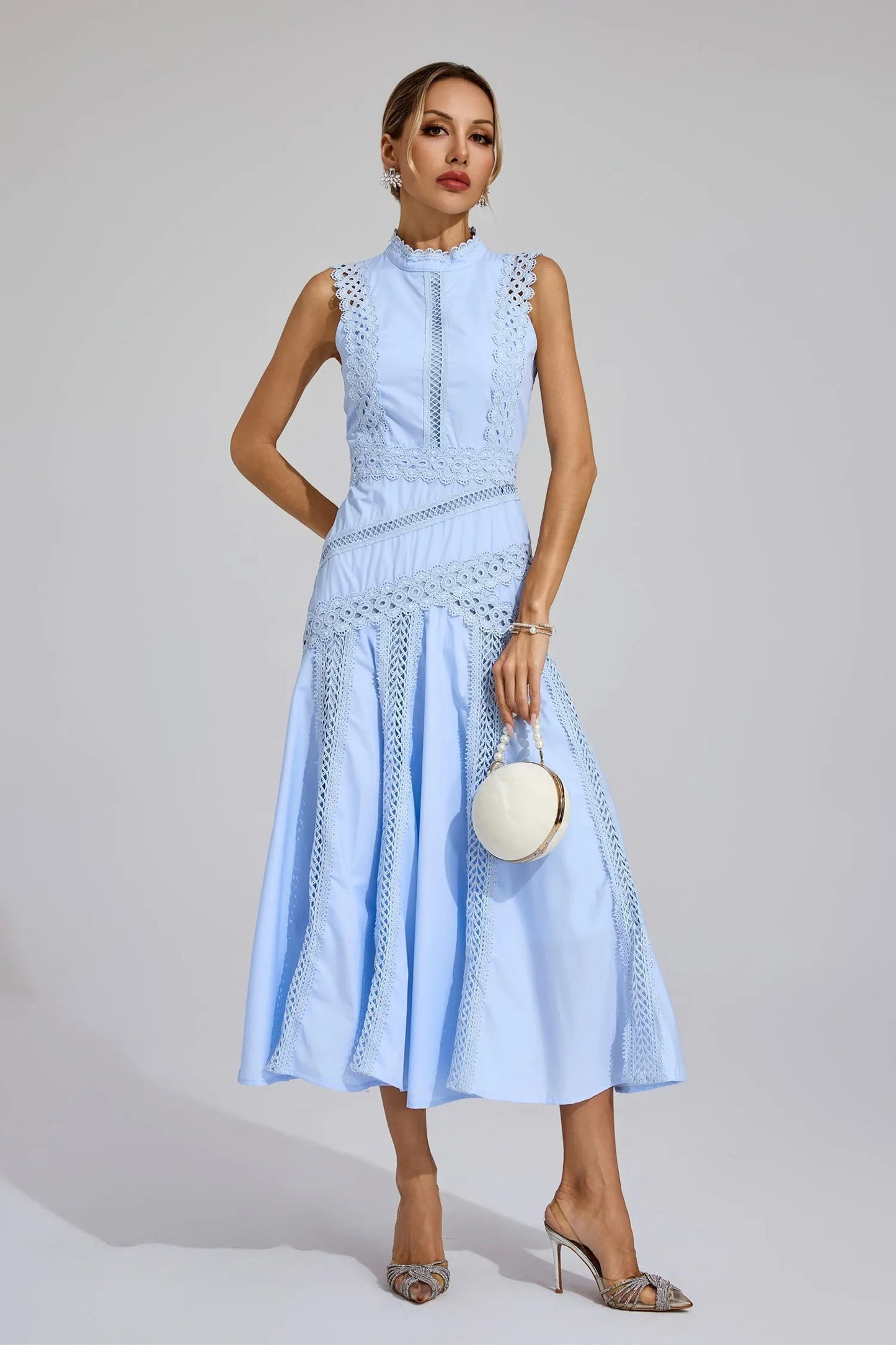 Cécile | Sleeveless Lace Panel Midi Wedding Guest Dress