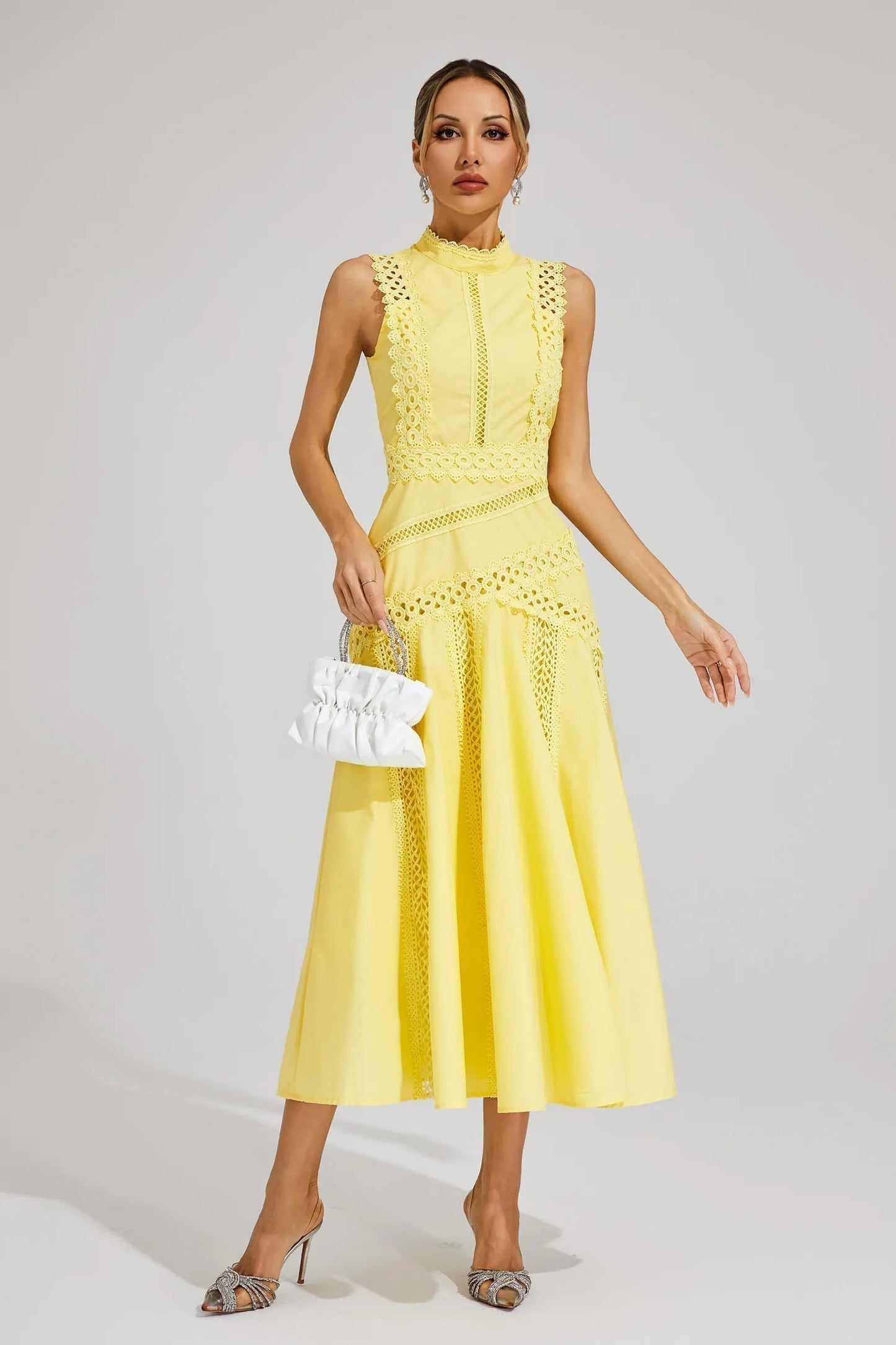 Cécile | Sleeveless Lace Panel Midi Wedding Guest Dress