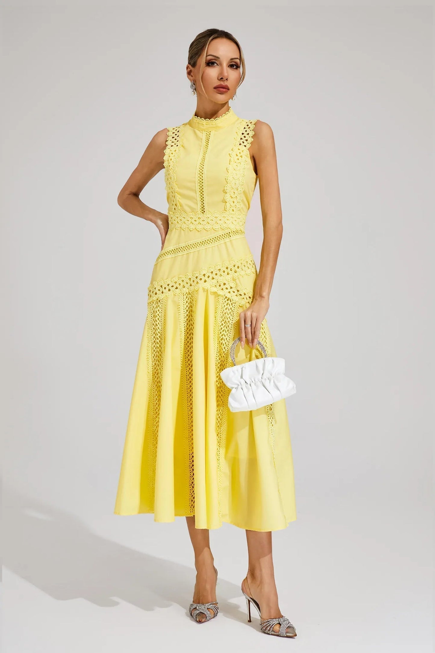 Cécile | Sleeveless Lace Panel Midi Wedding Guest Dress