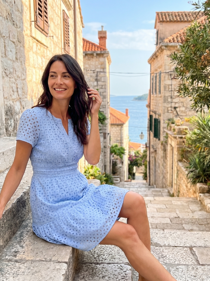 Elspeth | Tiered V-Neck Eyelet Mini Dress