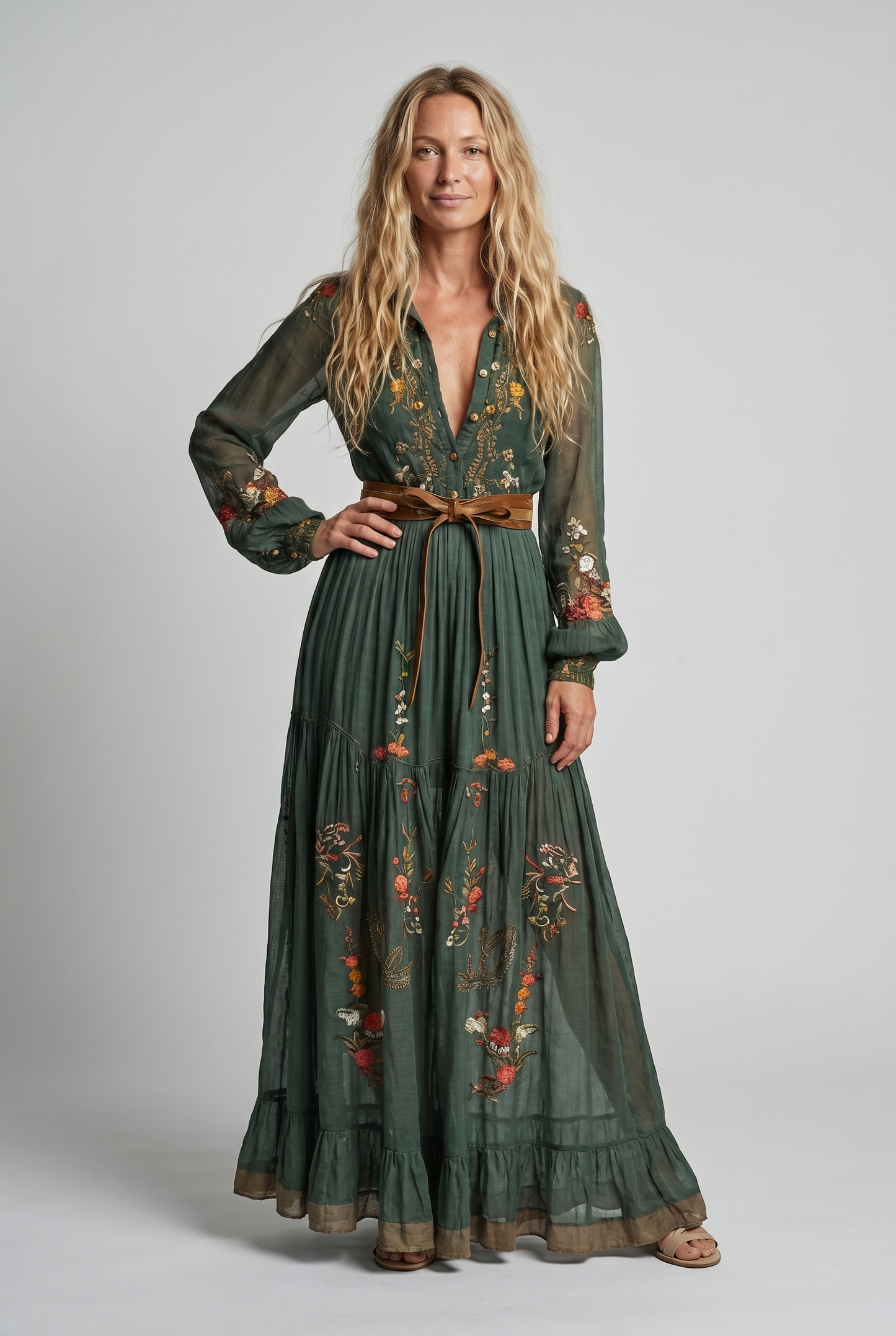 Embroidered bohemian maxi dress front view