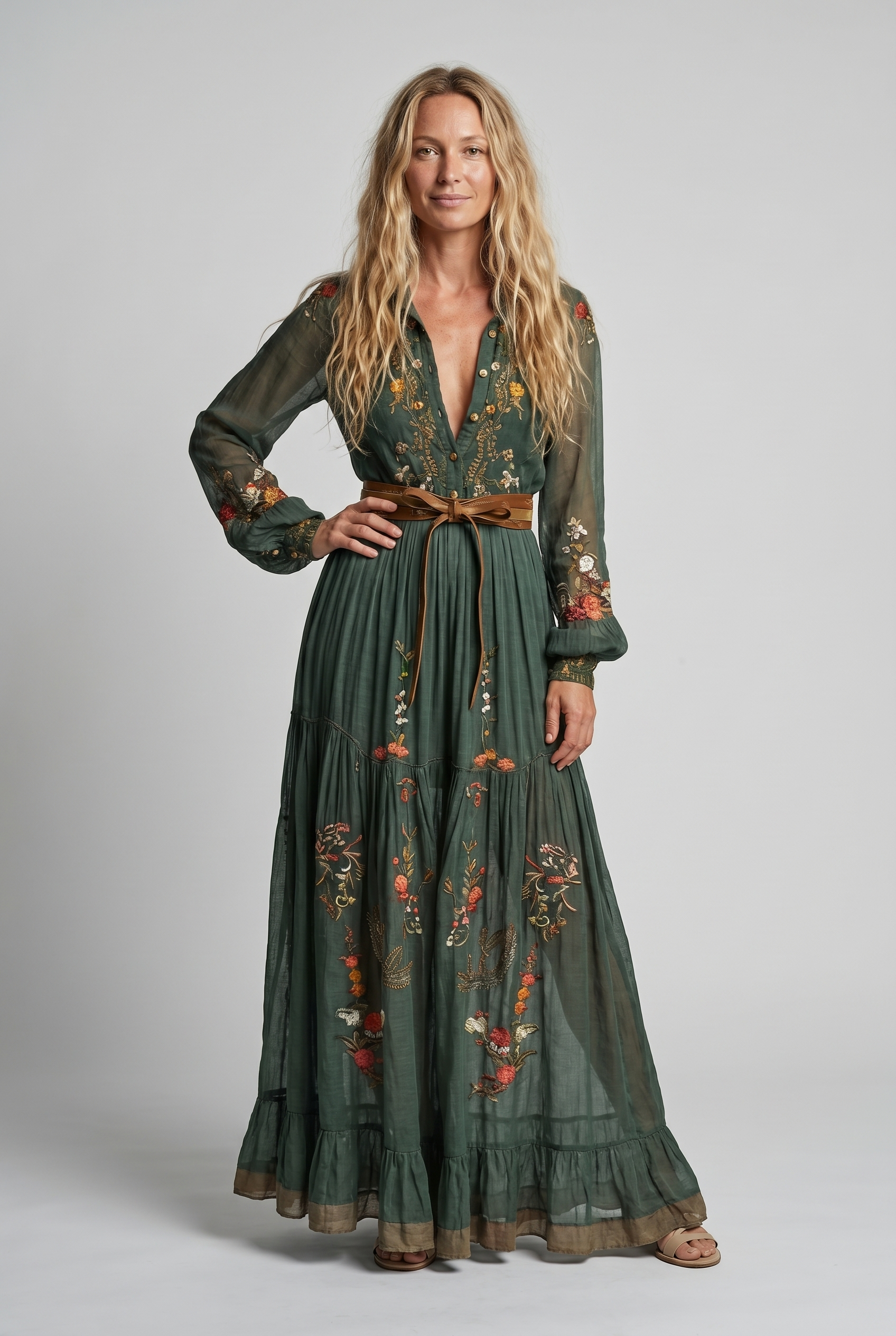 Embroidered bohemian maxi dress front view