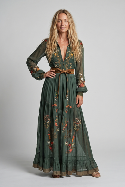 Embroidered bohemian maxi dress front view