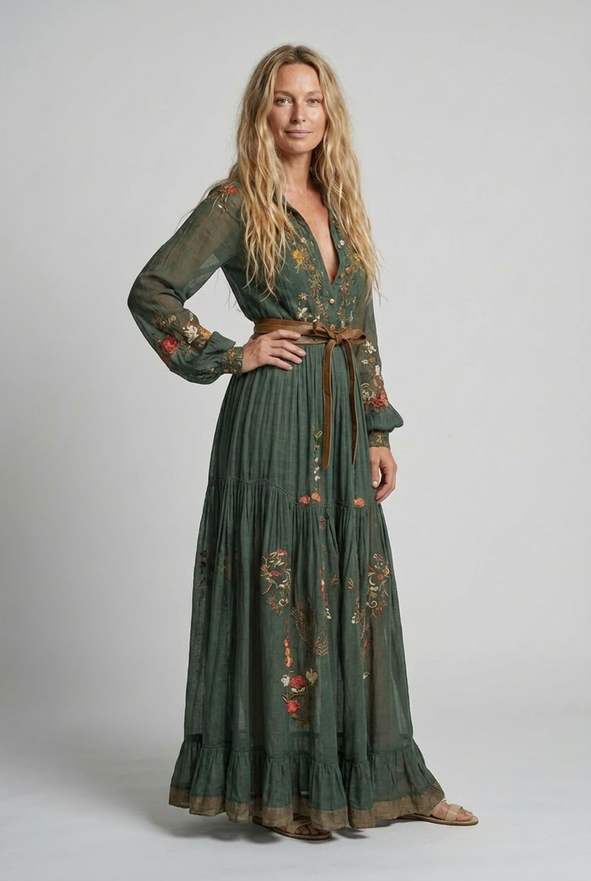 Boho embroidered maxi dress three-quarter view