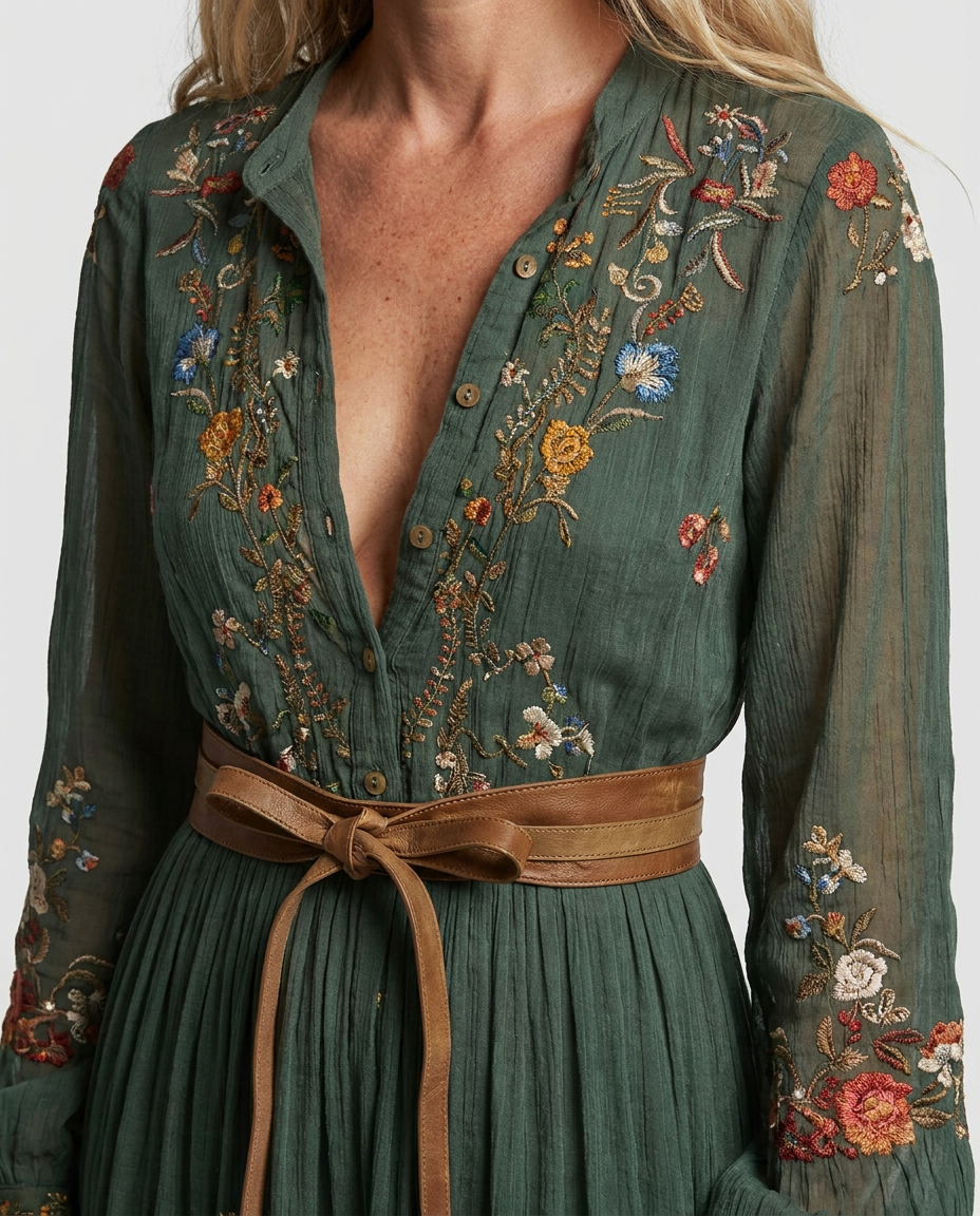 Embroidered detail of boho maxi dress