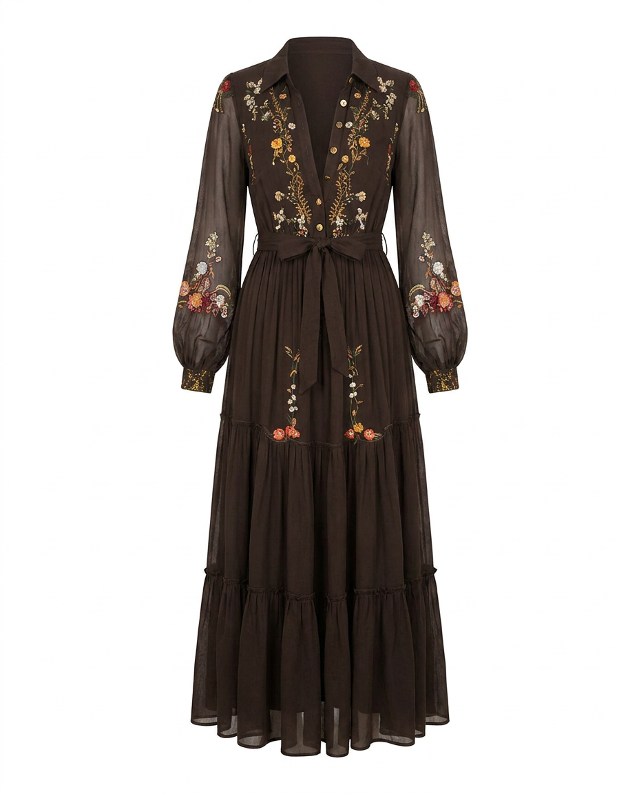 Dark brown embroidered boho maxi dress