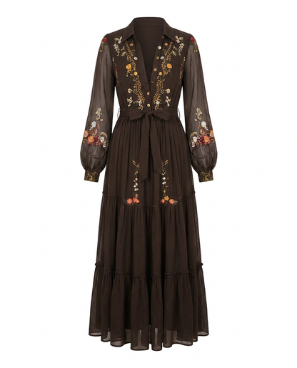 Dark brown embroidered boho maxi dress