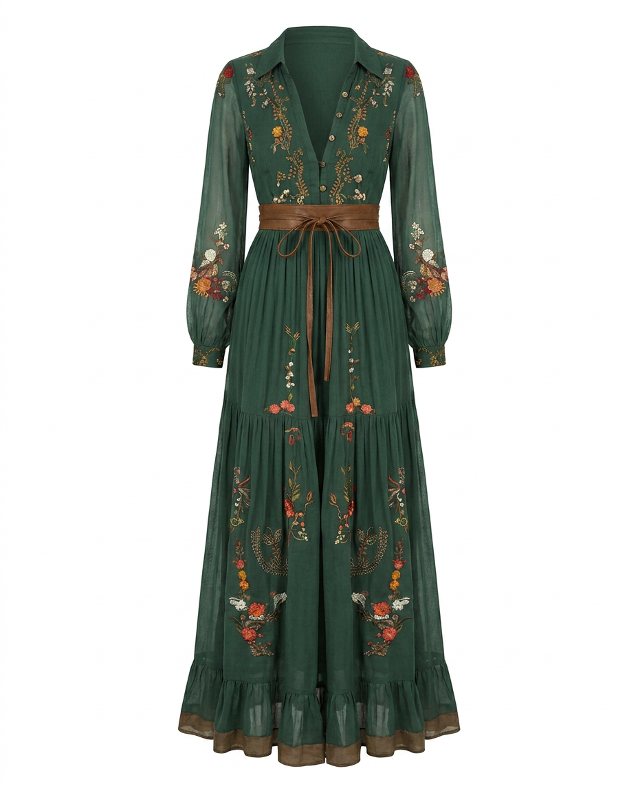 Green embroidered boho maxi dress
