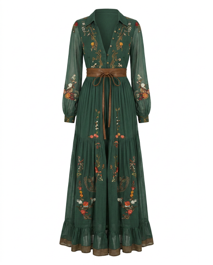Green embroidered boho maxi dress