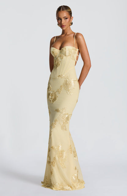 Constance | Floral Corset Spaghetti Strap Maxi Wedding Guest Dress