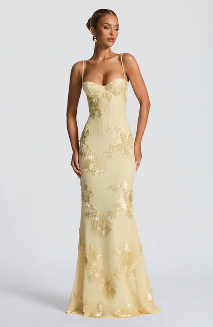 Constance | Floral Corset Spaghetti Strap Maxi Wedding Guest Dress