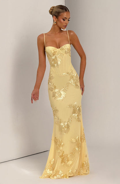 Constance | Floral Corset Spaghetti Strap Maxi Wedding Guest Dress