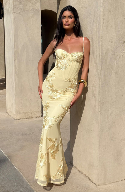 Constance | Floral Corset Spaghetti Strap Maxi Wedding Guest Dress